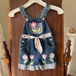 Young Hearts Girls Sz 4 Denim Overall Shorts with Embroirered Floral Design